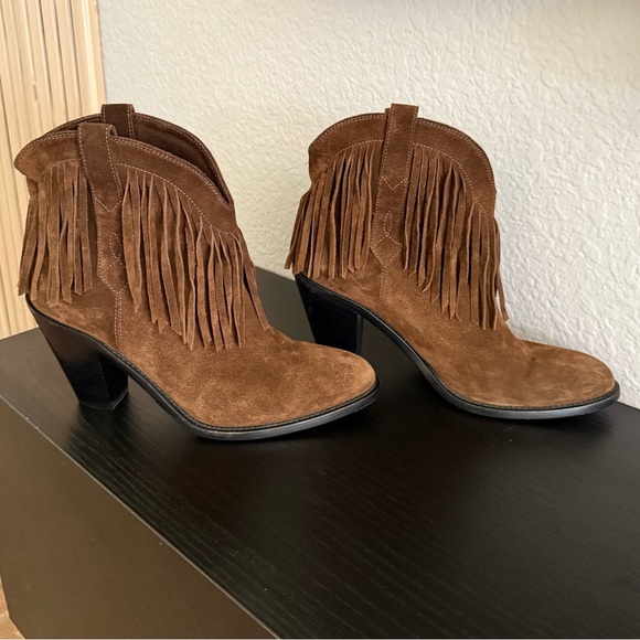 Saint Laurent Brown Fringe Suede Heeled Boots - Picture 3 of 12